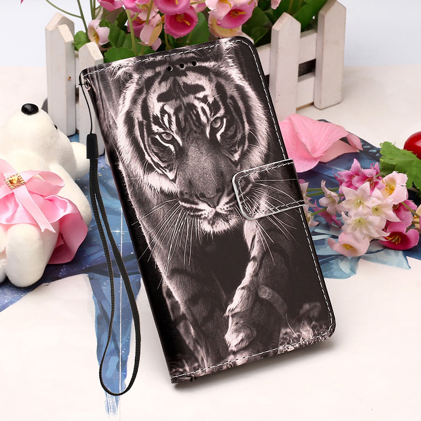 YB Pattern Printing Leather Series-4 for iPhone 15 Wallet Phone Case PU Leather Stand Cover - Tiger