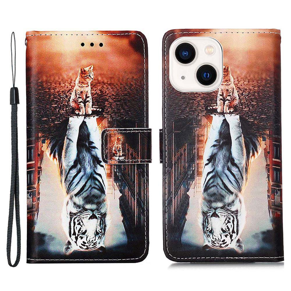 YB Pattern Printing Leather Series-4 for iPhone 15 Wallet Phone Case PU Leather Stand Cover - Cat and Tiger