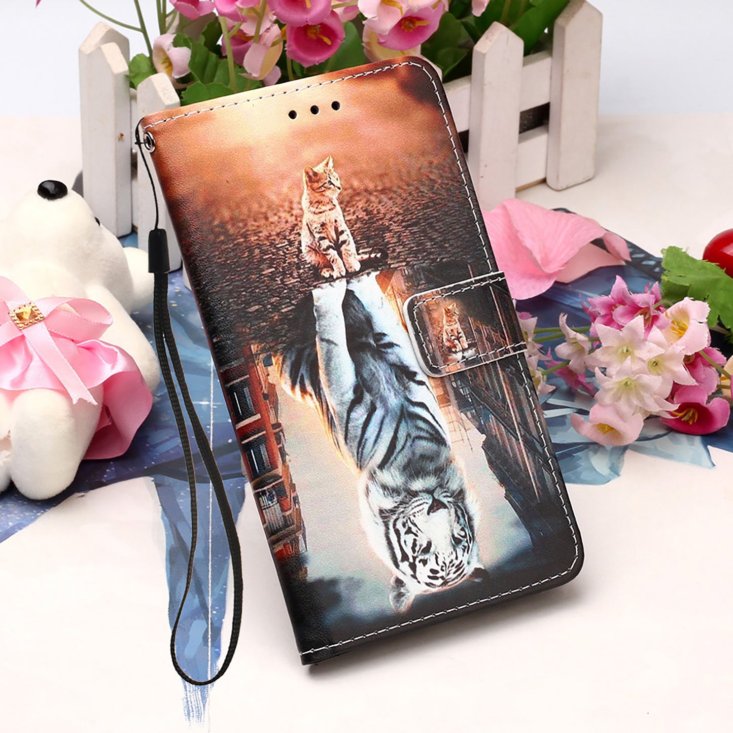 YB Pattern Printing Leather Series-4 for iPhone 15 Wallet Phone Case PU Leather Stand Cover - Cat and Tiger