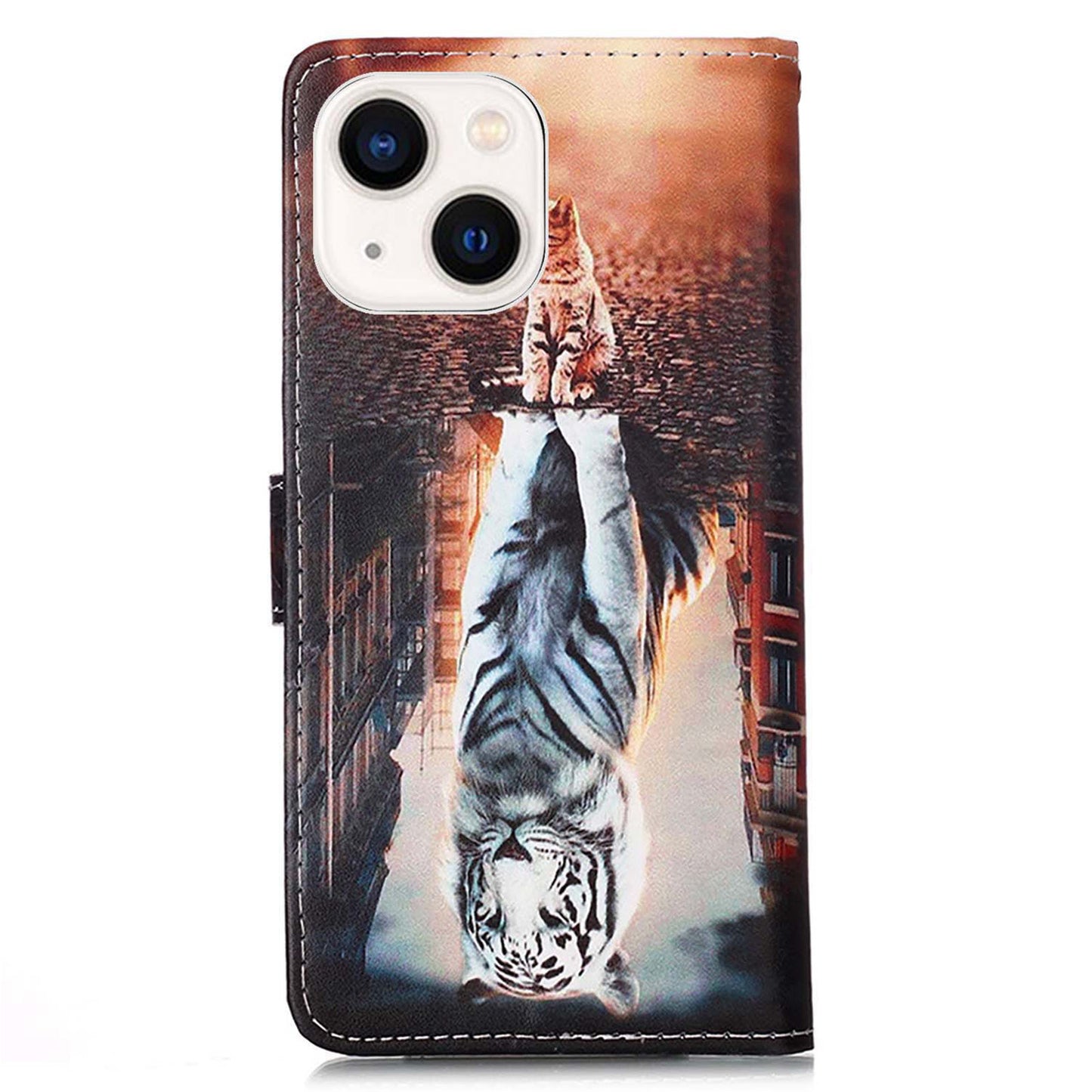 YB Pattern Printing Leather Series-4 for iPhone 15 Wallet Phone Case PU Leather Stand Cover - Cat and Tiger