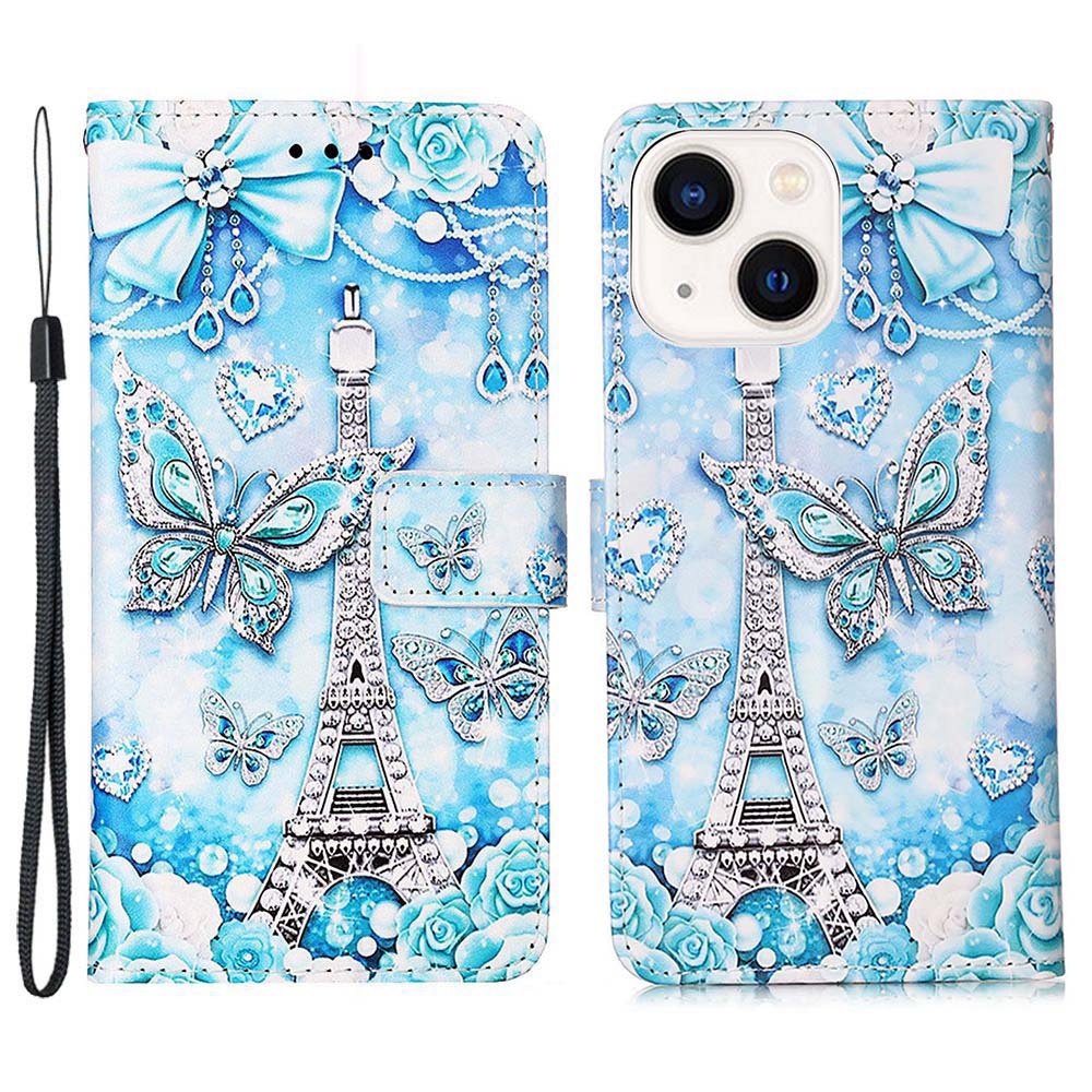 YB Pattern Printing Leather Series-4 for iPhone 15 Wallet Phone Case PU Leather Stand Cover - Eiffel Tower and Butterfly