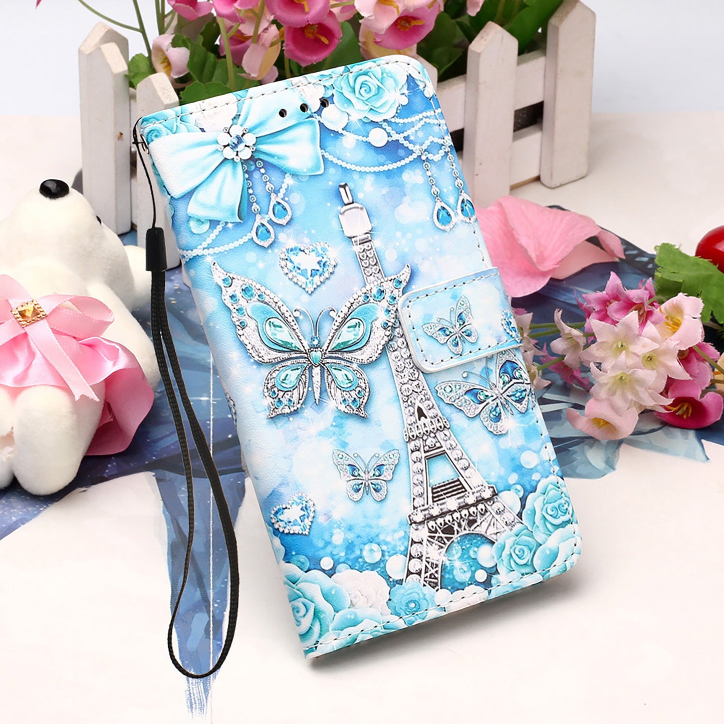 YB Pattern Printing Leather Series-4 for iPhone 15 Wallet Phone Case PU Leather Stand Cover - Eiffel Tower and Butterfly