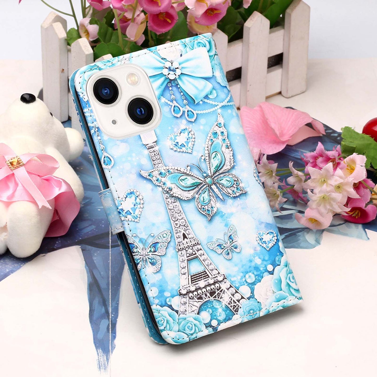YB Pattern Printing Leather Series-4 for iPhone 15 Wallet Phone Case PU Leather Stand Cover - Eiffel Tower and Butterfly