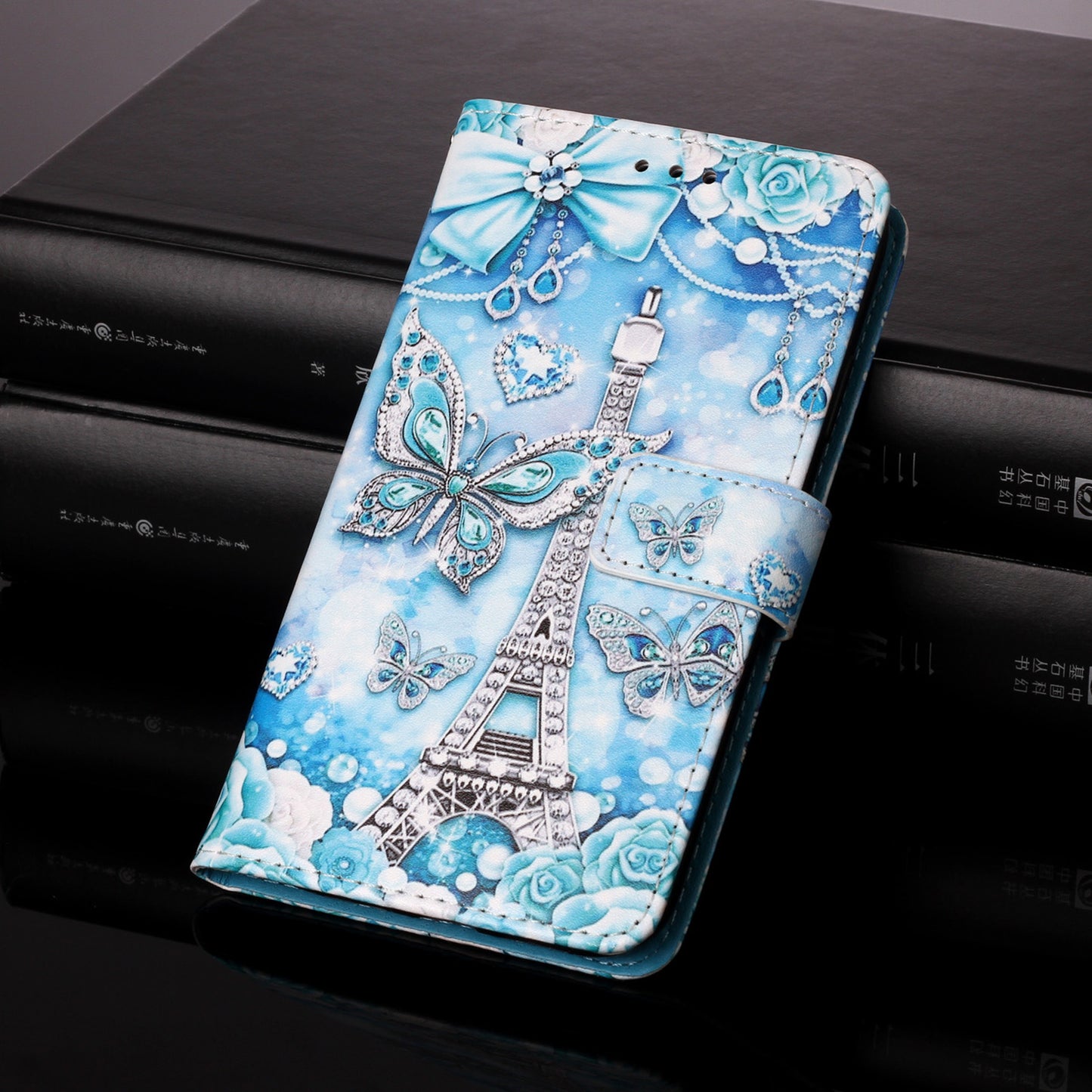 YB Pattern Printing Leather Series-4 for iPhone 15 Wallet Phone Case PU Leather Stand Cover - Eiffel Tower and Butterfly