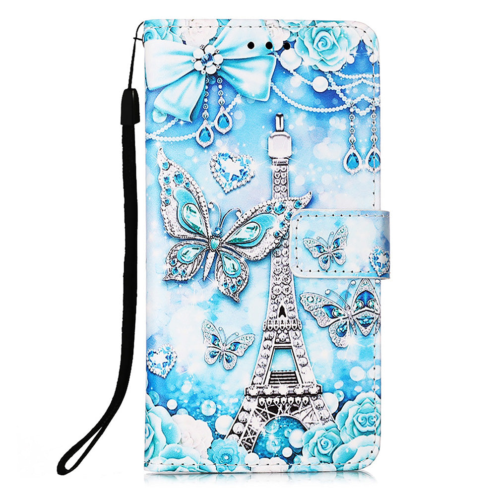 YB Pattern Printing Leather Series-4 for iPhone 15 Wallet Phone Case PU Leather Stand Cover - Eiffel Tower and Butterfly