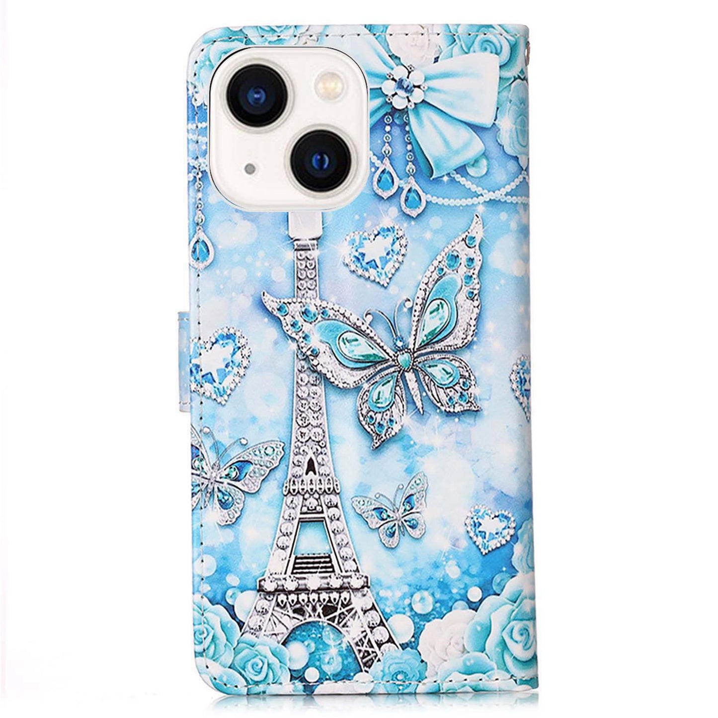 YB Pattern Printing Leather Series-4 for iPhone 15 Wallet Phone Case PU Leather Stand Cover - Eiffel Tower and Butterfly