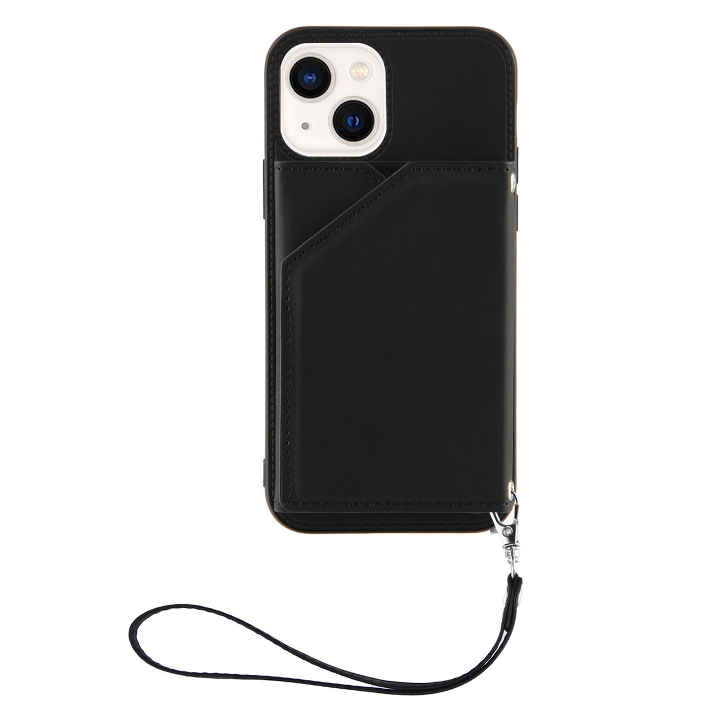 YB Leather Coating Series-2 for iPhone 15 Leather+TPU Cover Kickstand Card Holder Phone Case with Strap - Black