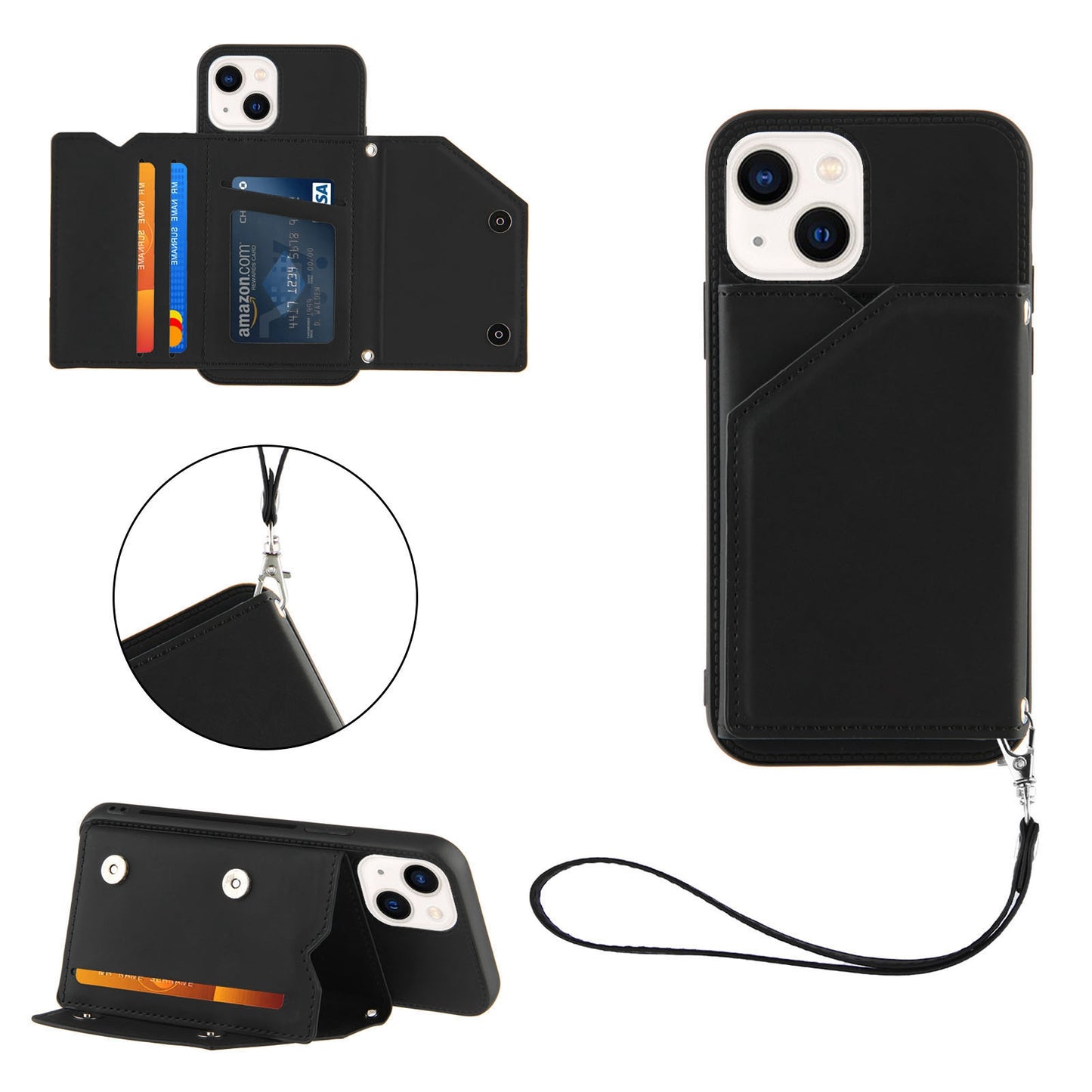YB Leather Coating Series-2 for iPhone 15 Leather+TPU Cover Kickstand Card Holder Phone Case with Strap - Black