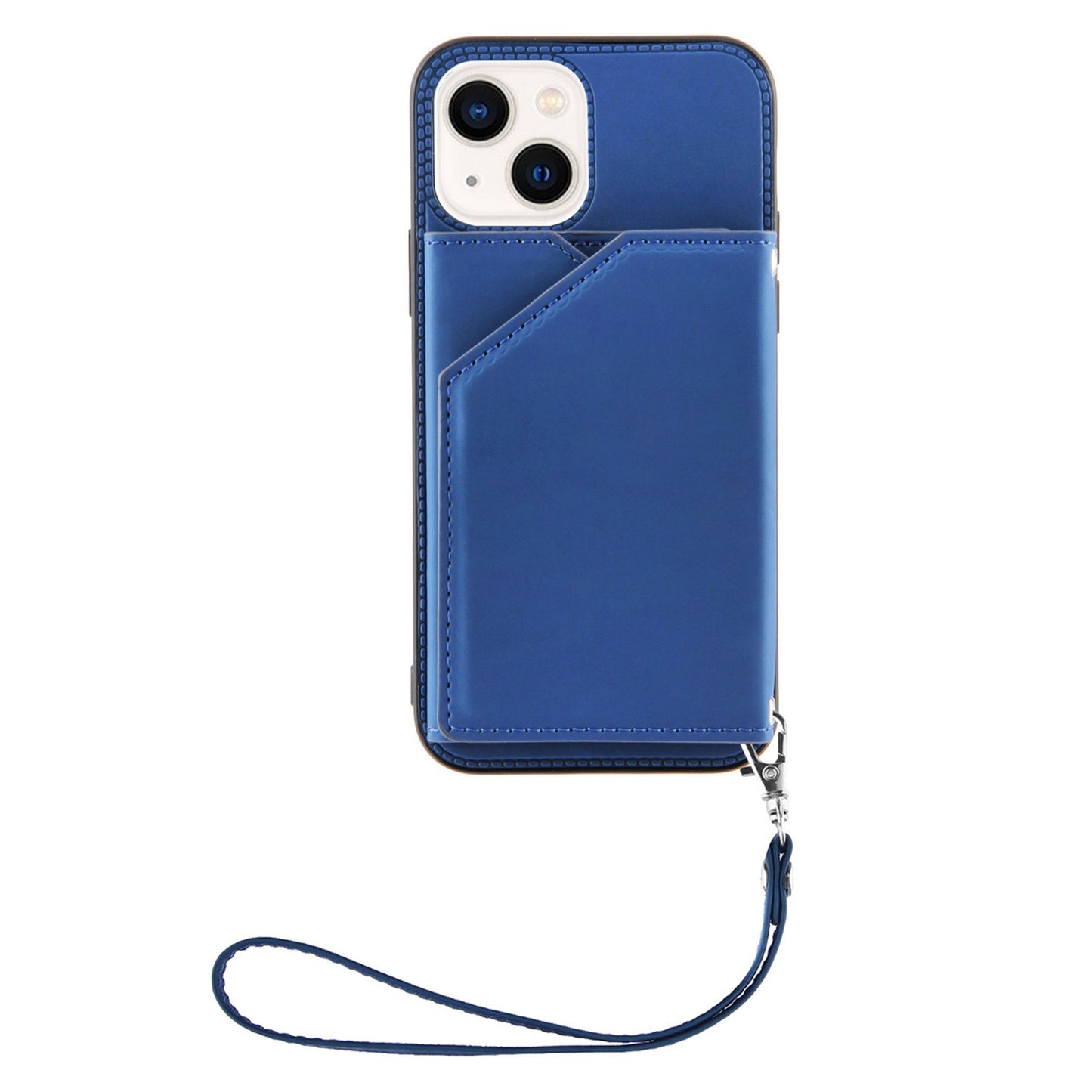YB Leather Coating Series-2 for iPhone 15 Leather+TPU Cover Kickstand Card Holder Phone Case with Strap - Sapphire
