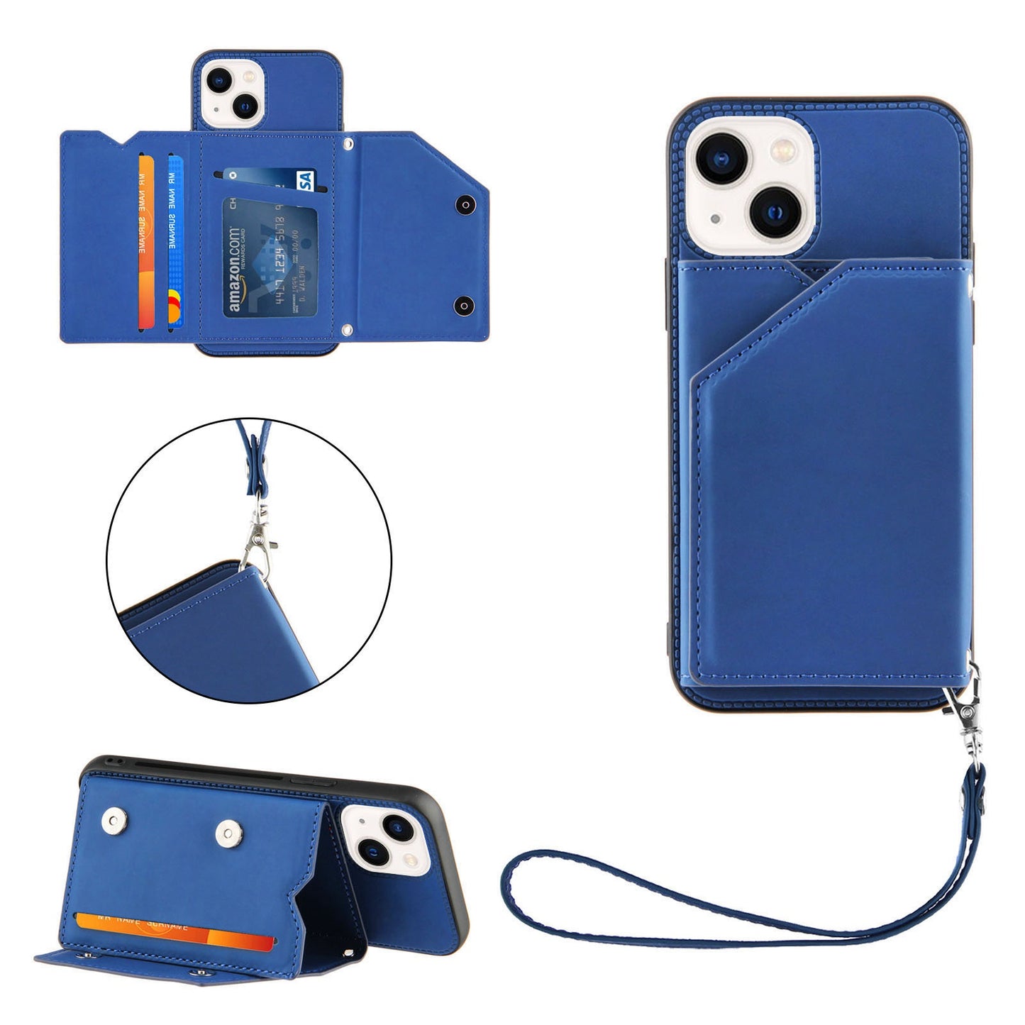 YB Leather Coating Series-2 for iPhone 15 Leather+TPU Cover Kickstand Card Holder Phone Case with Strap - Sapphire