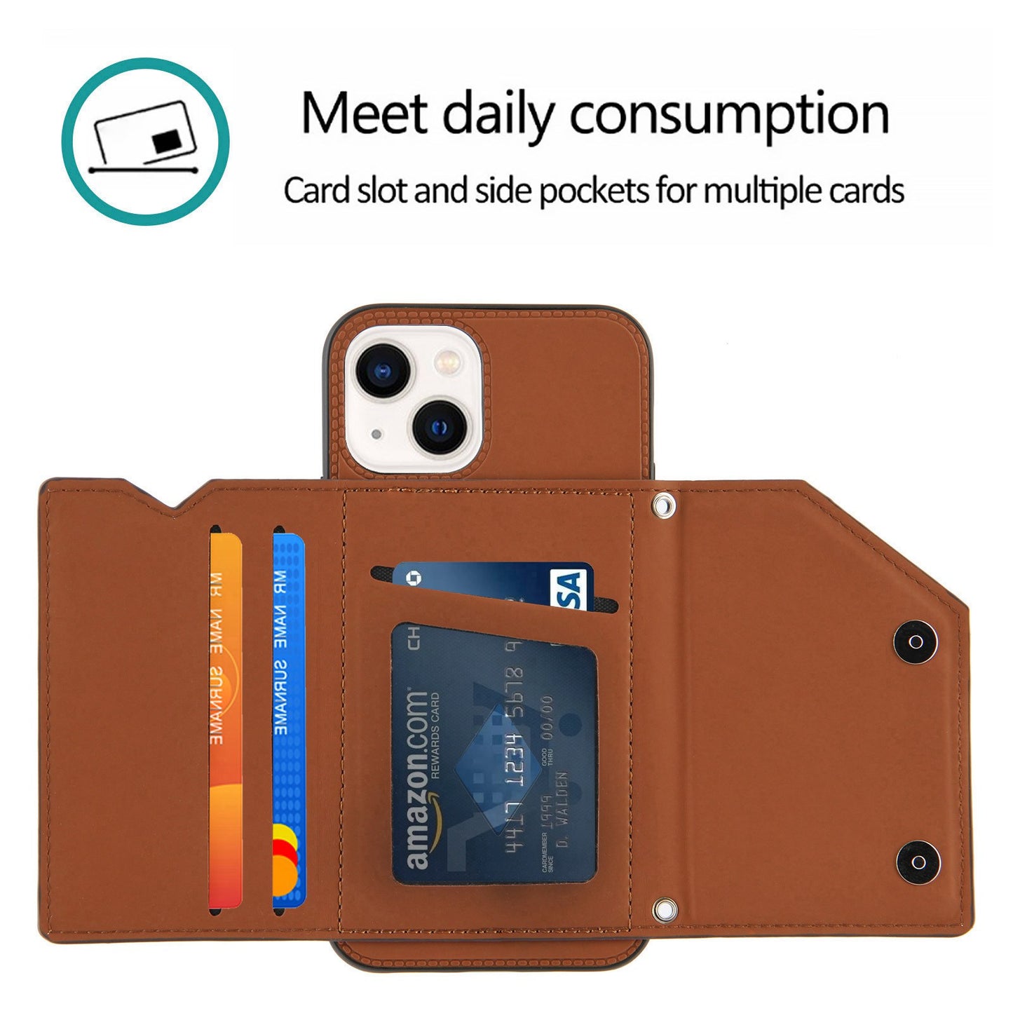 YB Leather Coating Series-2 for iPhone 15 Leather+TPU Cover Kickstand Card Holder Phone Case with Strap - Brown