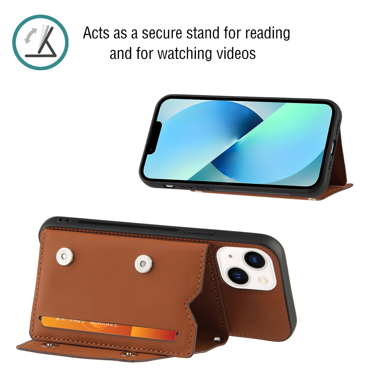 YB Leather Coating Series-2 for iPhone 15 Leather+TPU Cover Kickstand Card Holder Phone Case with Strap - Brown