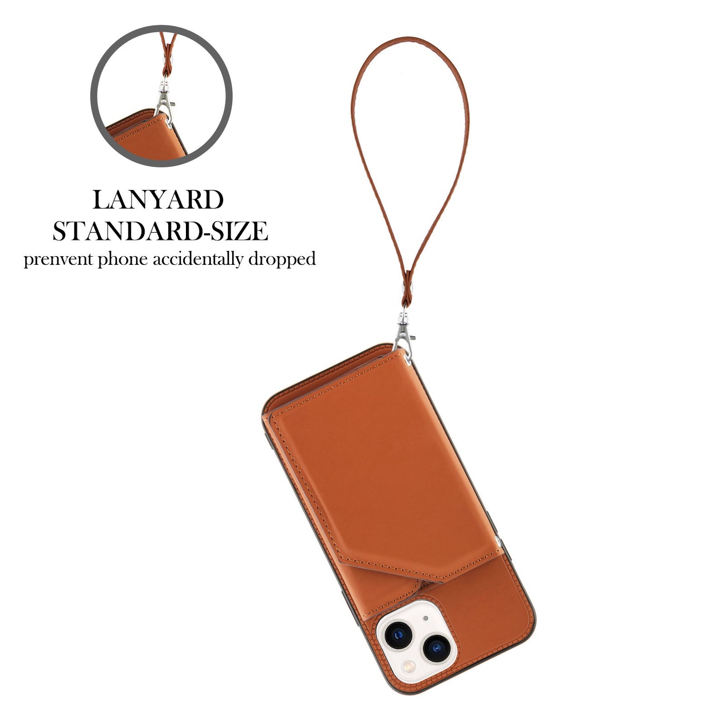YB Leather Coating Series-2 for iPhone 15 Leather+TPU Cover Kickstand Card Holder Phone Case with Strap - Brown