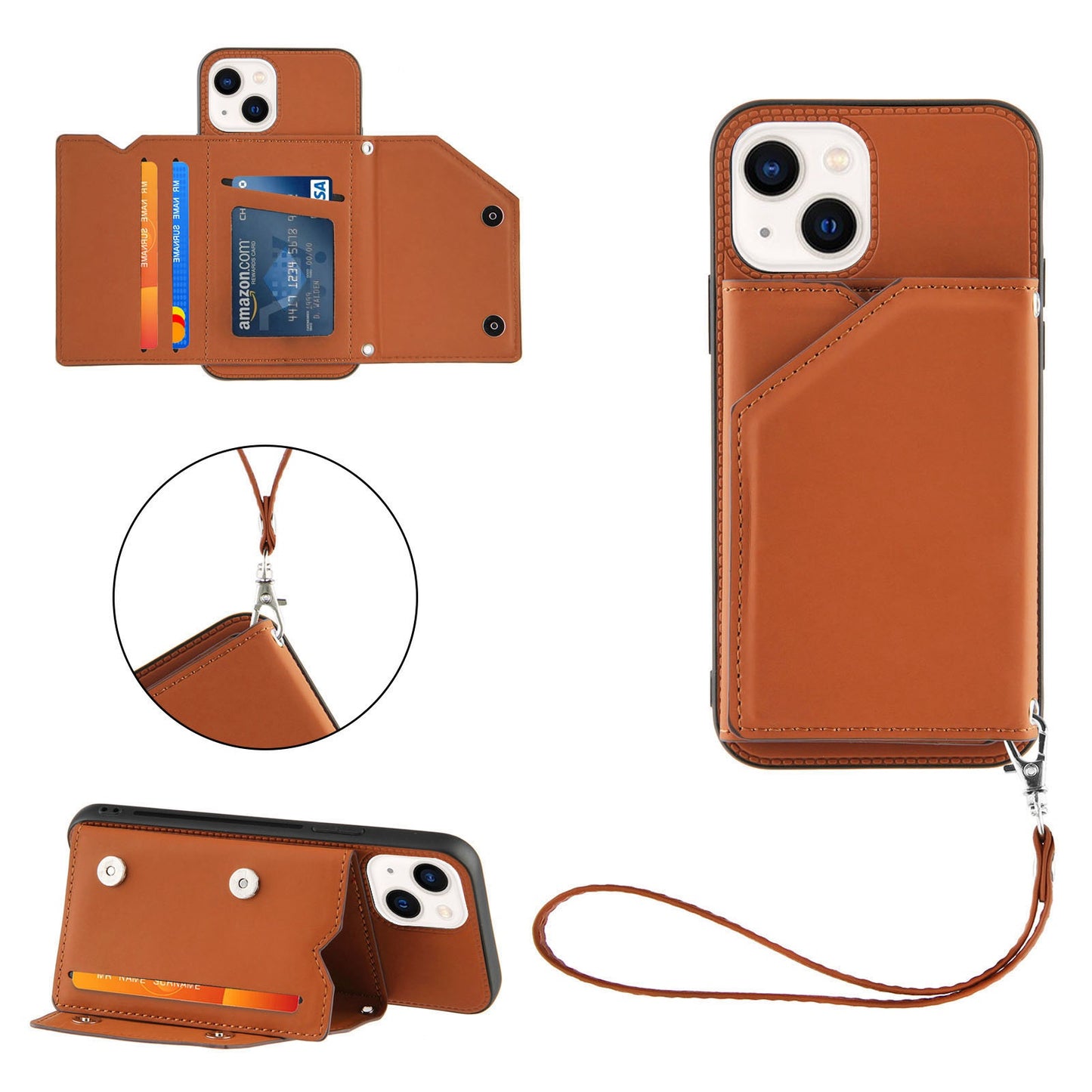 YB Leather Coating Series-2 for iPhone 15 Leather+TPU Cover Kickstand Card Holder Phone Case with Strap - Brown