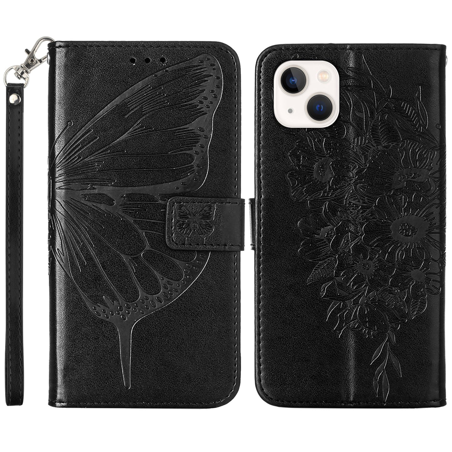 YB Imprinting Series-4 For iPhone 15 PU Leather Stand Phone Case Wallet Butterfly Flower Imprinted Cover with Hand Strap - Black