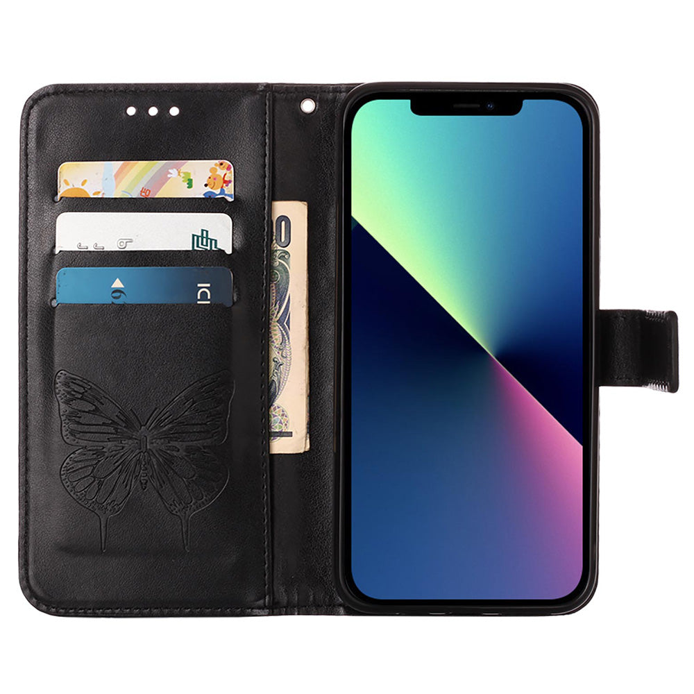 YB Imprinting Series-4 For iPhone 15 PU Leather Stand Phone Case Wallet Butterfly Flower Imprinted Cover with Hand Strap - Black