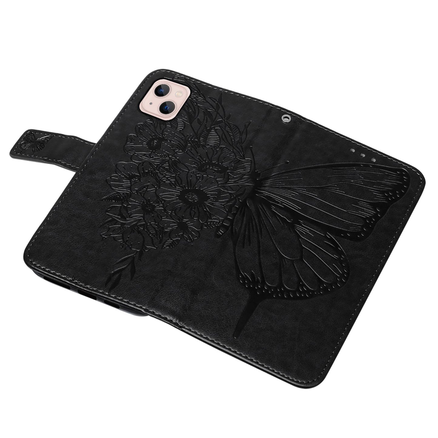 YB Imprinting Series-4 For iPhone 15 PU Leather Stand Phone Case Wallet Butterfly Flower Imprinted Cover with Hand Strap - Black