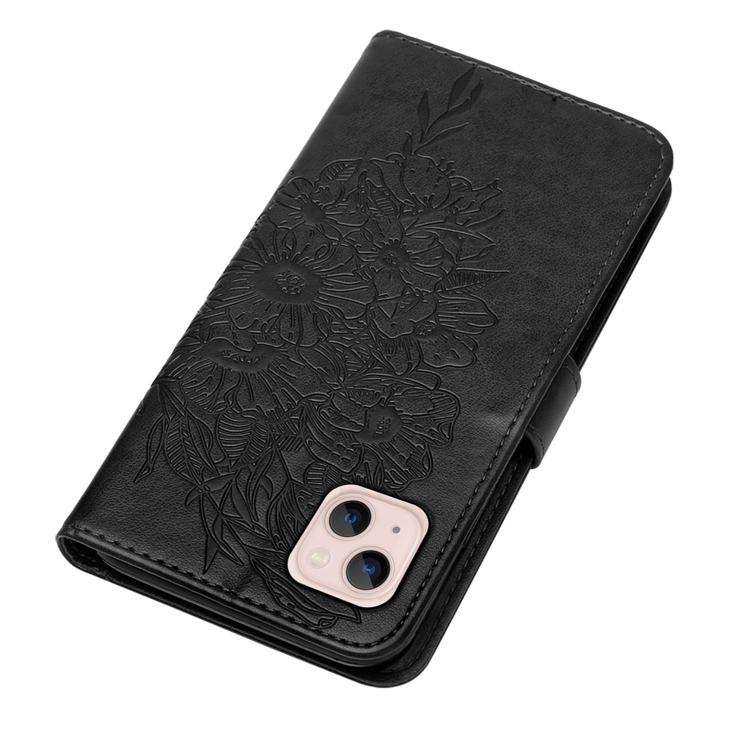 YB Imprinting Series-4 For iPhone 15 PU Leather Stand Phone Case Wallet Butterfly Flower Imprinted Cover with Hand Strap - Black