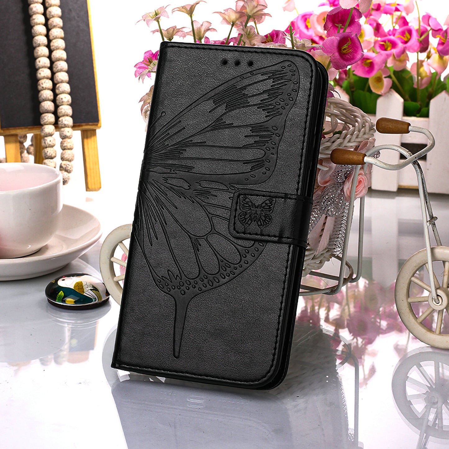 YB Imprinting Series-4 For iPhone 15 PU Leather Stand Phone Case Wallet Butterfly Flower Imprinted Cover with Hand Strap - Black