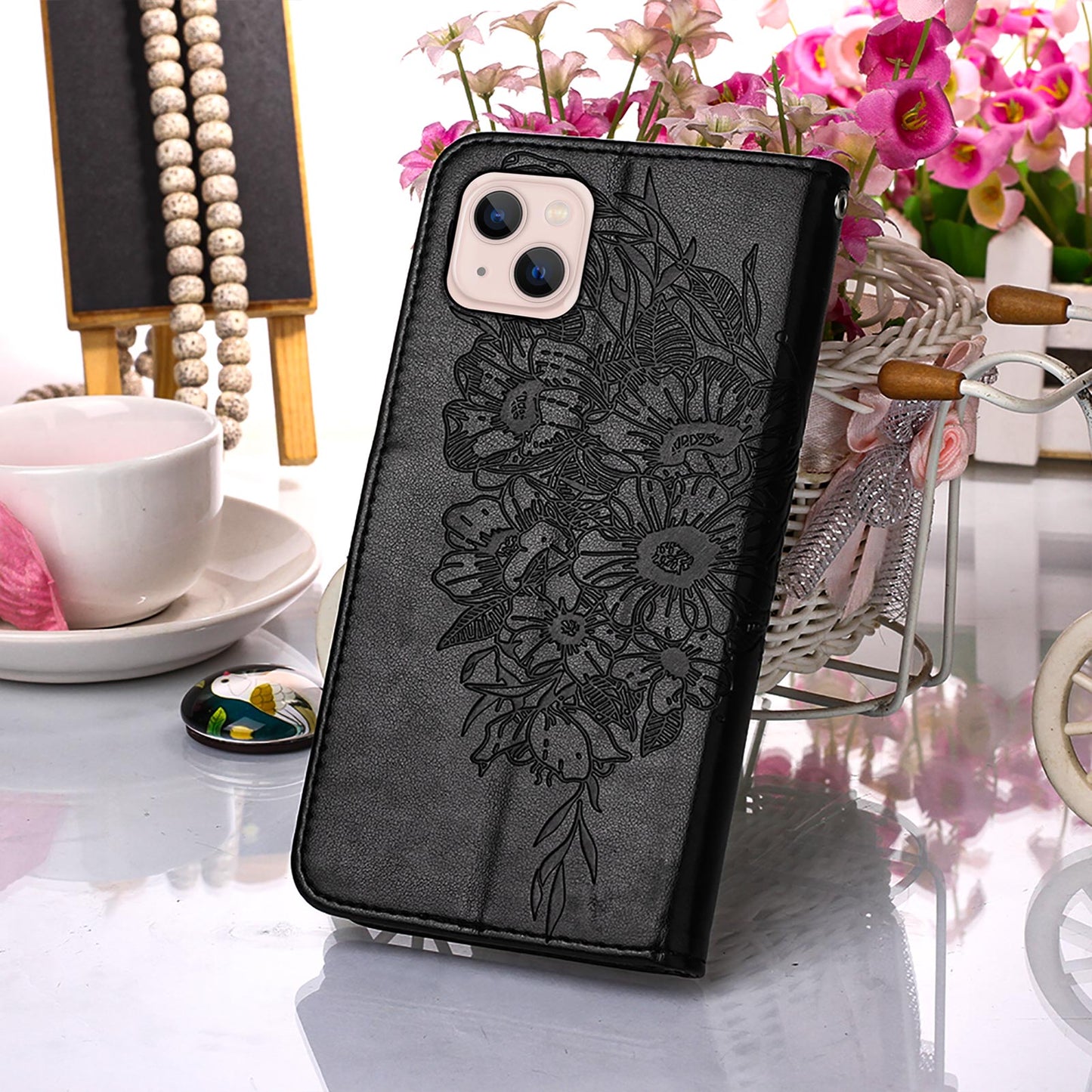YB Imprinting Series-4 For iPhone 15 PU Leather Stand Phone Case Wallet Butterfly Flower Imprinted Cover with Hand Strap - Black