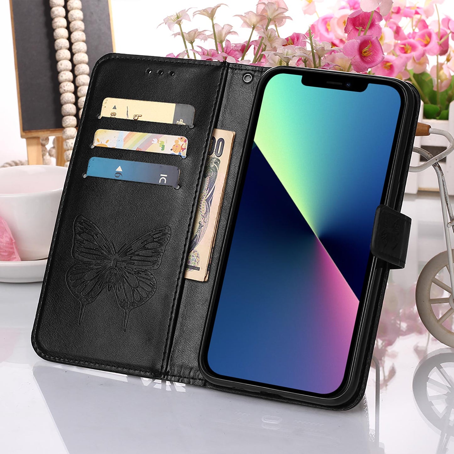 YB Imprinting Series-4 For iPhone 15 PU Leather Stand Phone Case Wallet Butterfly Flower Imprinted Cover with Hand Strap - Black