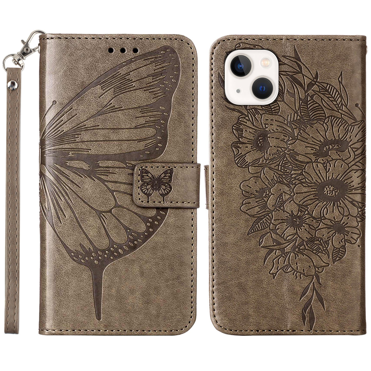 YB Imprinting Series-4 For iPhone 15 PU Leather Stand Phone Case Wallet Butterfly Flower Imprinted Cover with Hand Strap - Grey