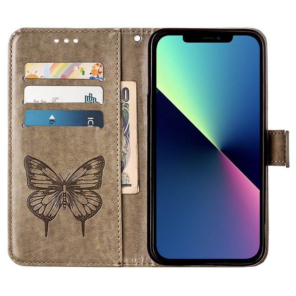 YB Imprinting Series-4 For iPhone 15 PU Leather Stand Phone Case Wallet Butterfly Flower Imprinted Cover with Hand Strap - Grey