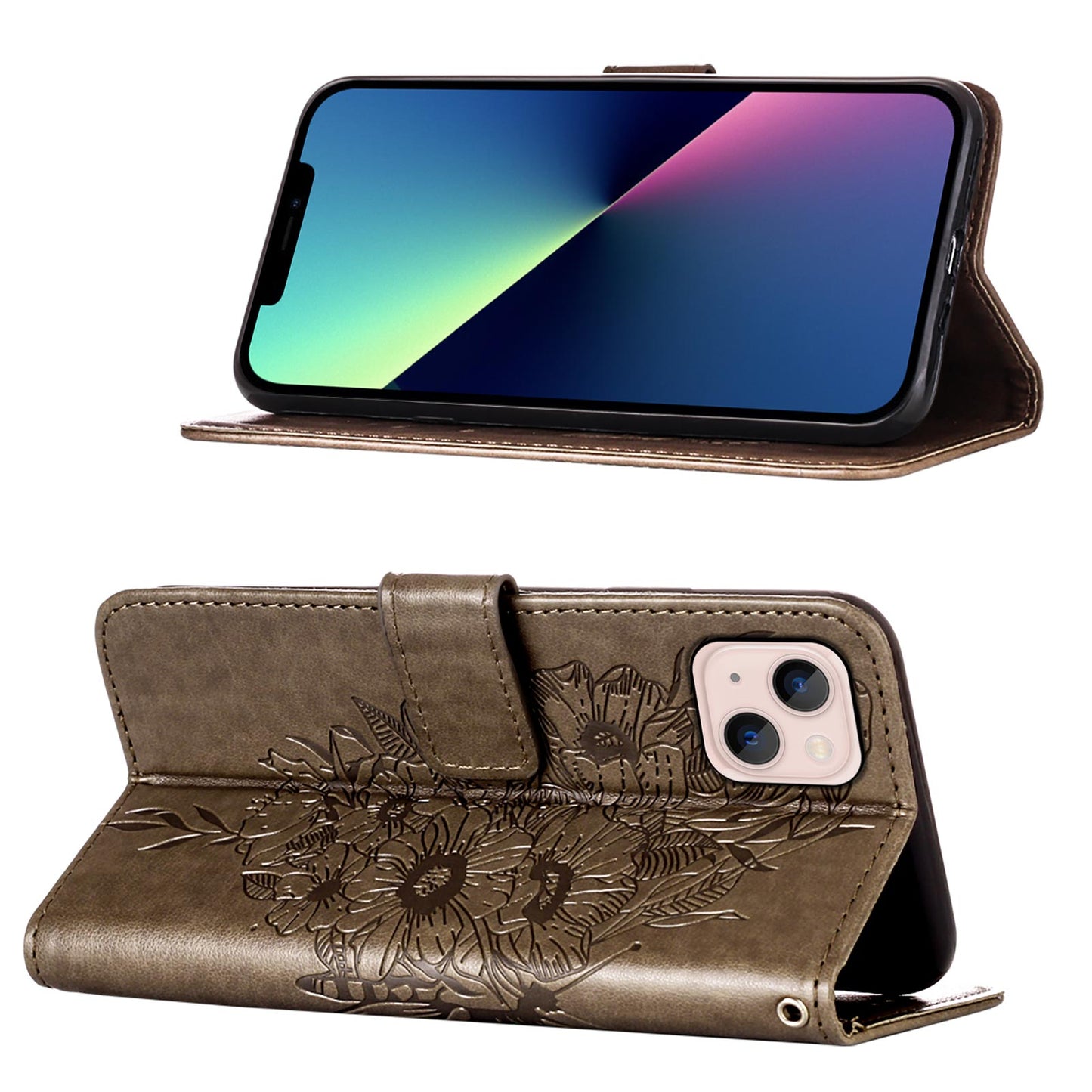 YB Imprinting Series-4 For iPhone 15 PU Leather Stand Phone Case Wallet Butterfly Flower Imprinted Cover with Hand Strap - Grey