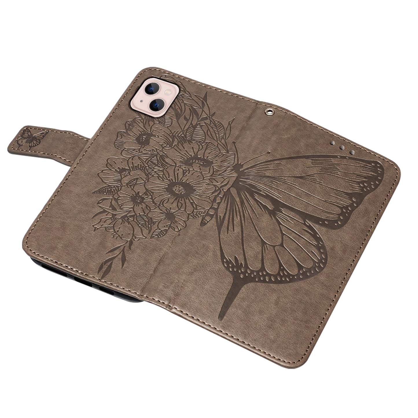 YB Imprinting Series-4 For iPhone 15 PU Leather Stand Phone Case Wallet Butterfly Flower Imprinted Cover with Hand Strap - Grey