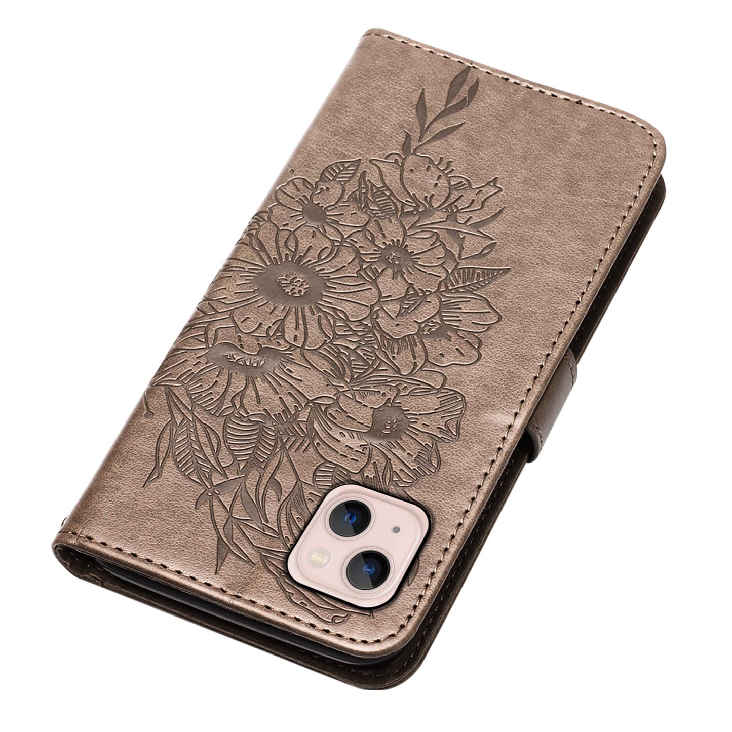YB Imprinting Series-4 For iPhone 15 PU Leather Stand Phone Case Wallet Butterfly Flower Imprinted Cover with Hand Strap - Grey