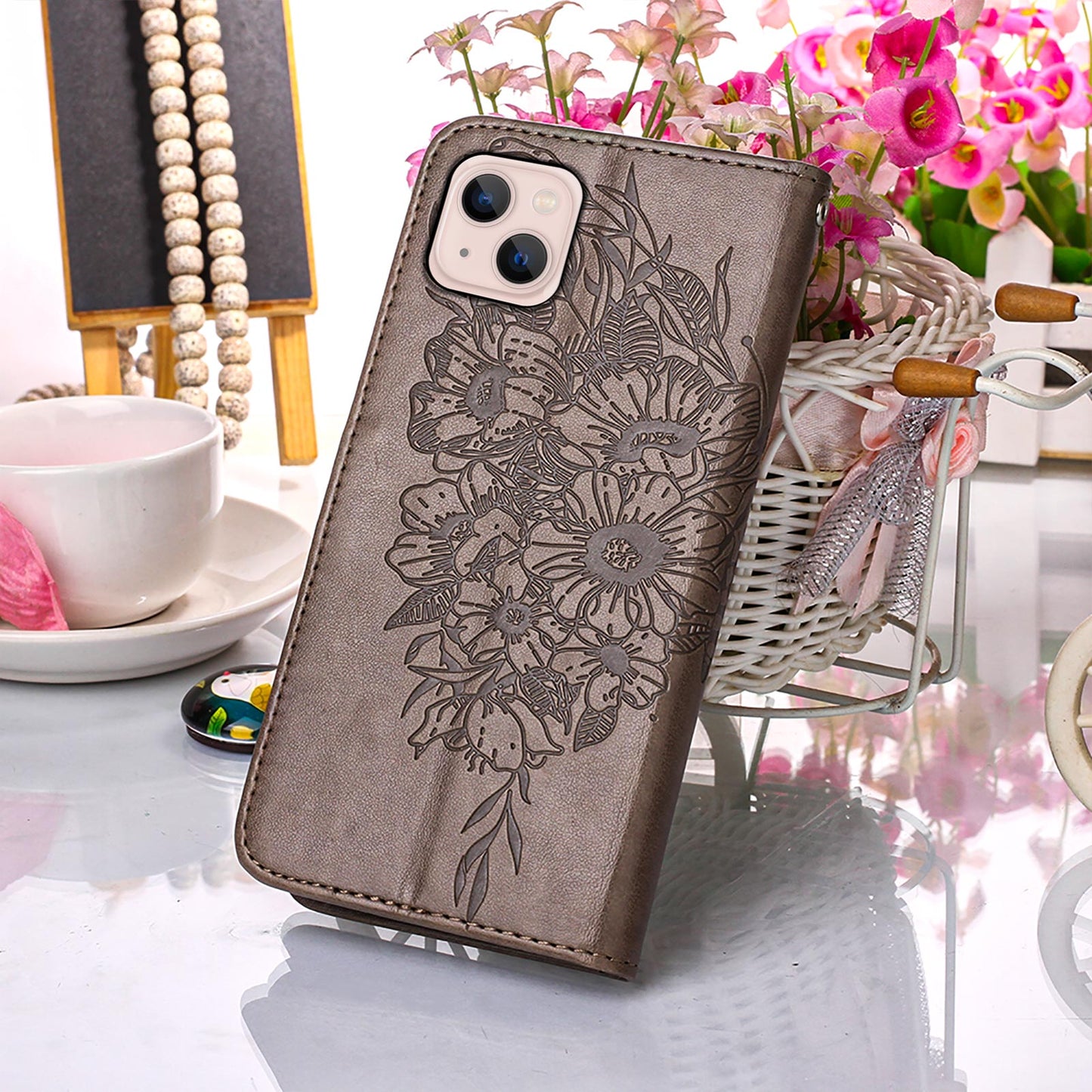 YB Imprinting Series-4 For iPhone 15 PU Leather Stand Phone Case Wallet Butterfly Flower Imprinted Cover with Hand Strap - Grey