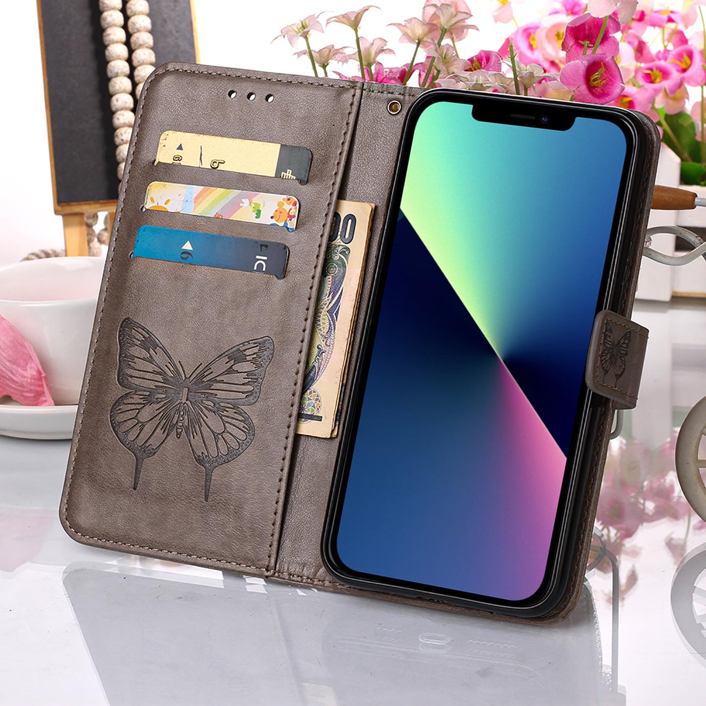 YB Imprinting Series-4 For iPhone 15 PU Leather Stand Phone Case Wallet Butterfly Flower Imprinted Cover with Hand Strap - Grey
