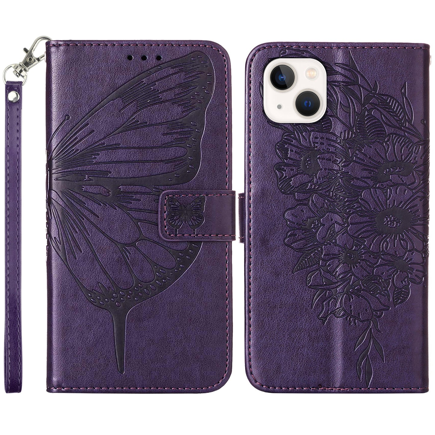 YB Imprinting Series-4 For iPhone 15 PU Leather Stand Phone Case Wallet Butterfly Flower Imprinted Cover with Hand Strap - Purple