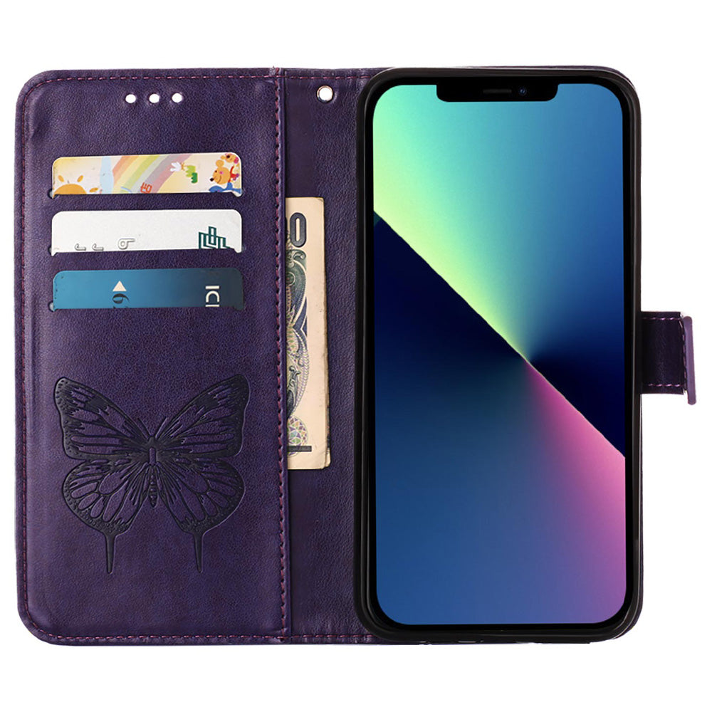 YB Imprinting Series-4 For iPhone 15 PU Leather Stand Phone Case Wallet Butterfly Flower Imprinted Cover with Hand Strap - Purple