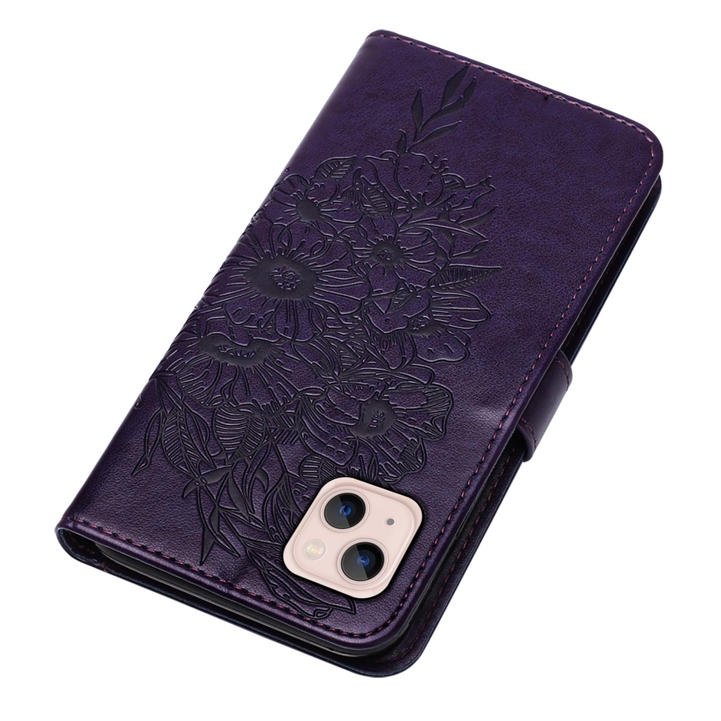 YB Imprinting Series-4 For iPhone 15 PU Leather Stand Phone Case Wallet Butterfly Flower Imprinted Cover with Hand Strap - Purple