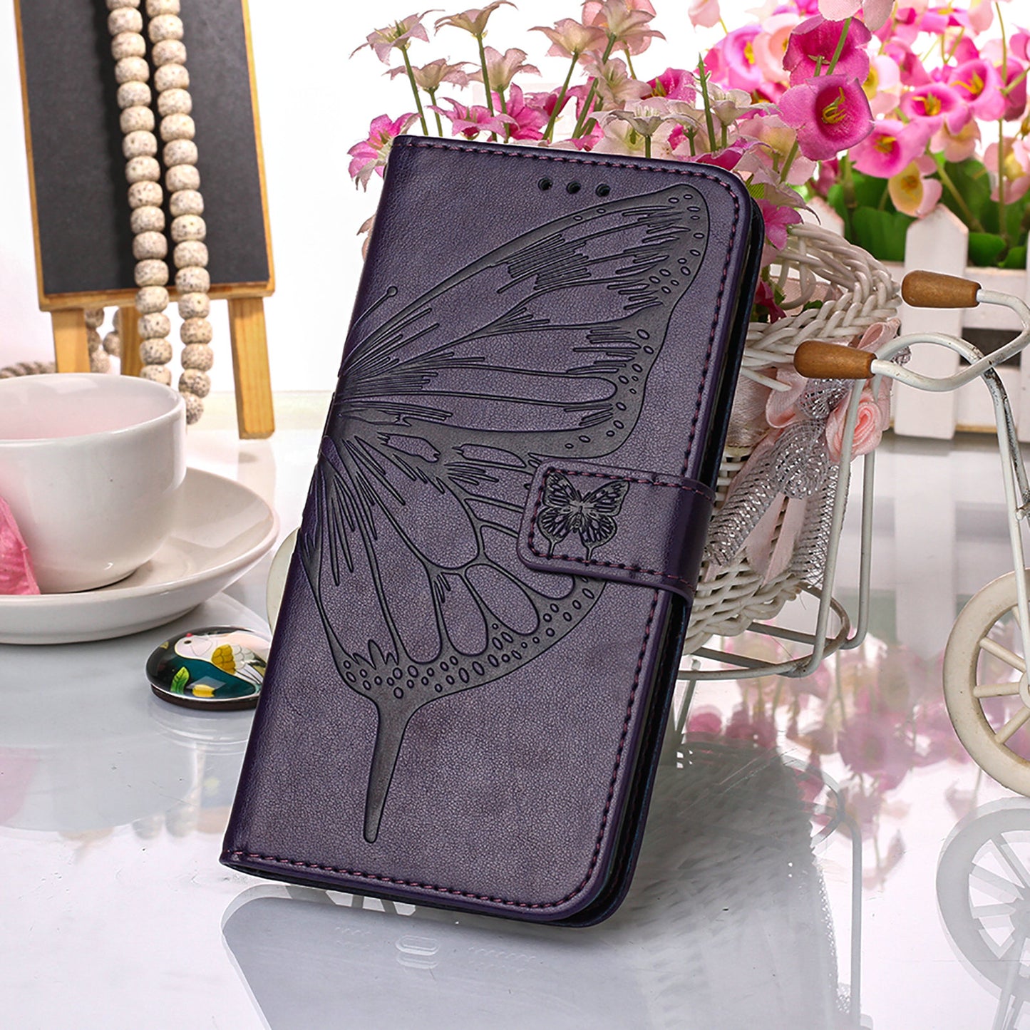 YB Imprinting Series-4 For iPhone 15 PU Leather Stand Phone Case Wallet Butterfly Flower Imprinted Cover with Hand Strap - Purple