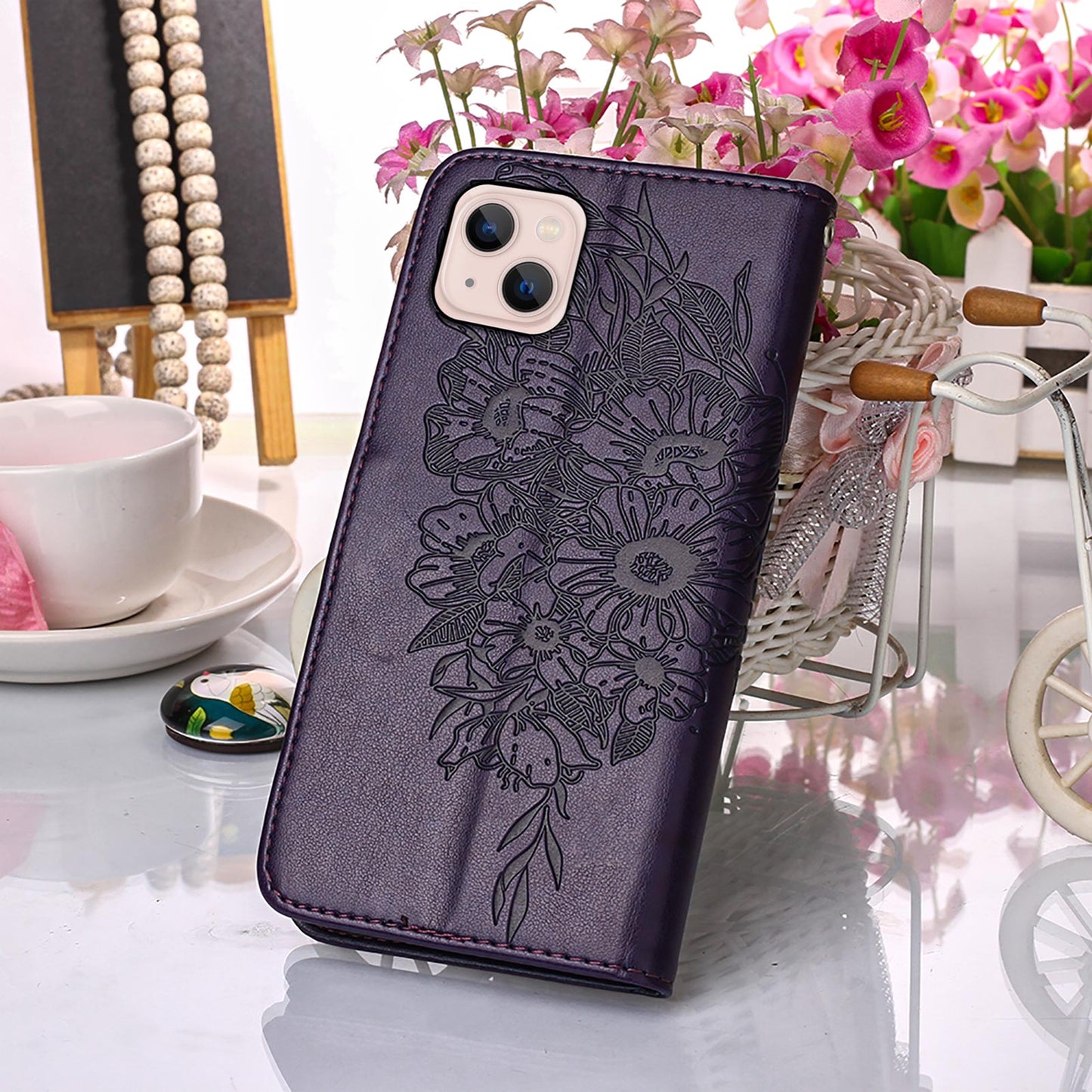 YB Imprinting Series-4 For iPhone 15 PU Leather Stand Phone Case Wallet Butterfly Flower Imprinted Cover with Hand Strap - Purple