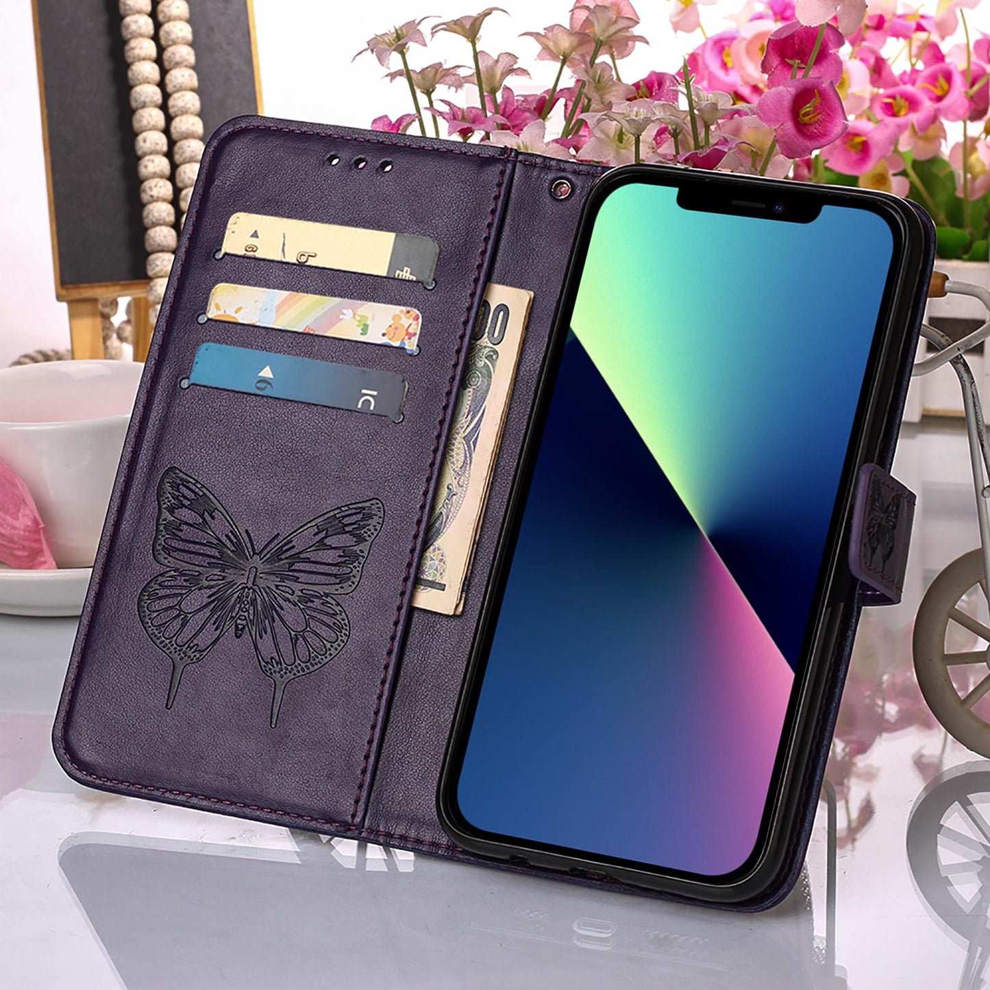 YB Imprinting Series-4 For iPhone 15 PU Leather Stand Phone Case Wallet Butterfly Flower Imprinted Cover with Hand Strap - Purple