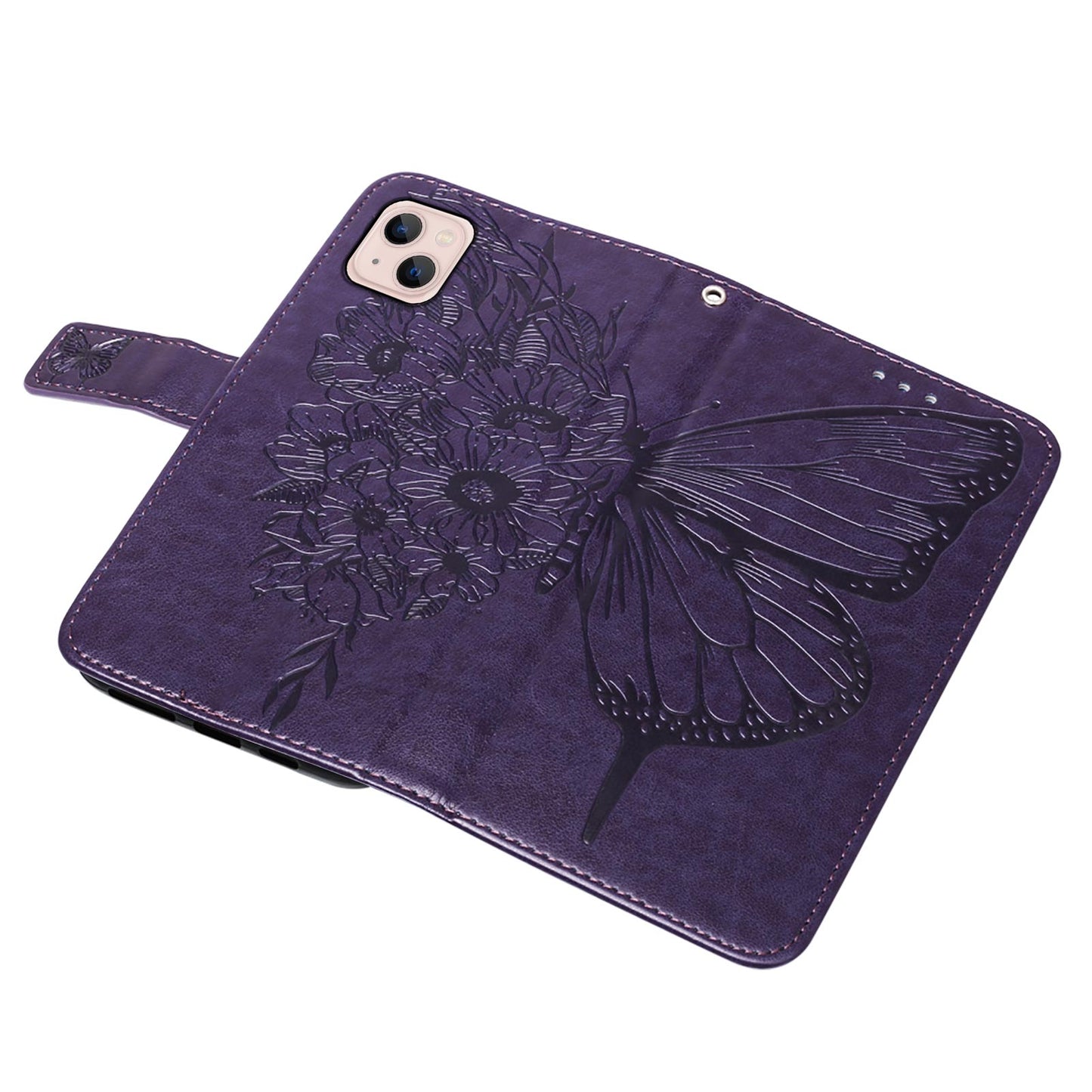 YB Imprinting Series-4 For iPhone 15 PU Leather Stand Phone Case Wallet Butterfly Flower Imprinted Cover with Hand Strap - Purple
