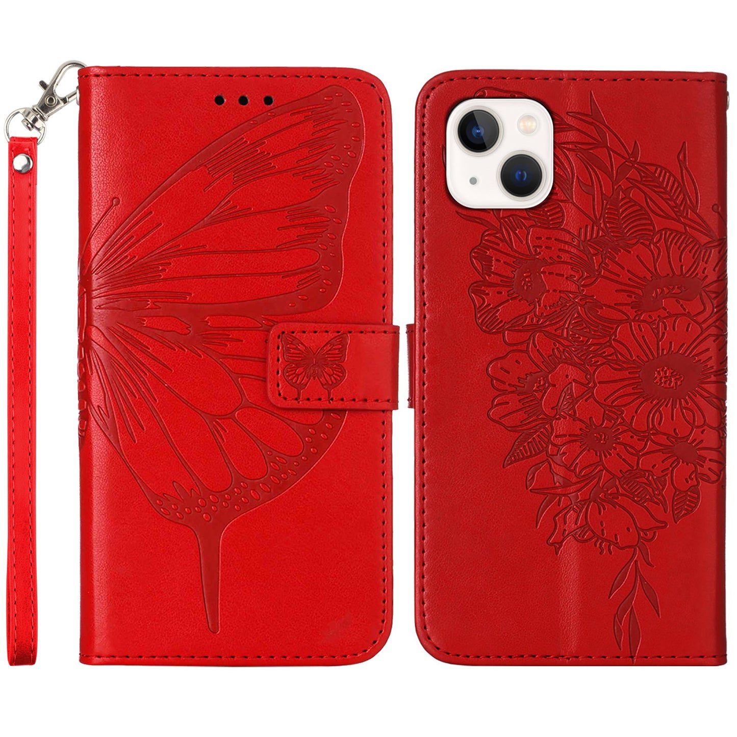 YB Imprinting Series-4 For iPhone 15 PU Leather Stand Phone Case Wallet Butterfly Flower Imprinted Cover with Hand Strap - Red