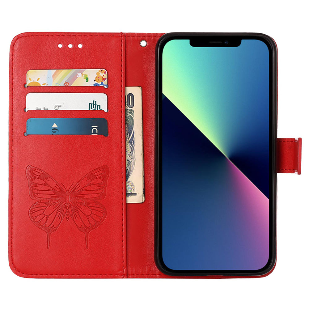 YB Imprinting Series-4 For iPhone 15 PU Leather Stand Phone Case Wallet Butterfly Flower Imprinted Cover with Hand Strap - Red