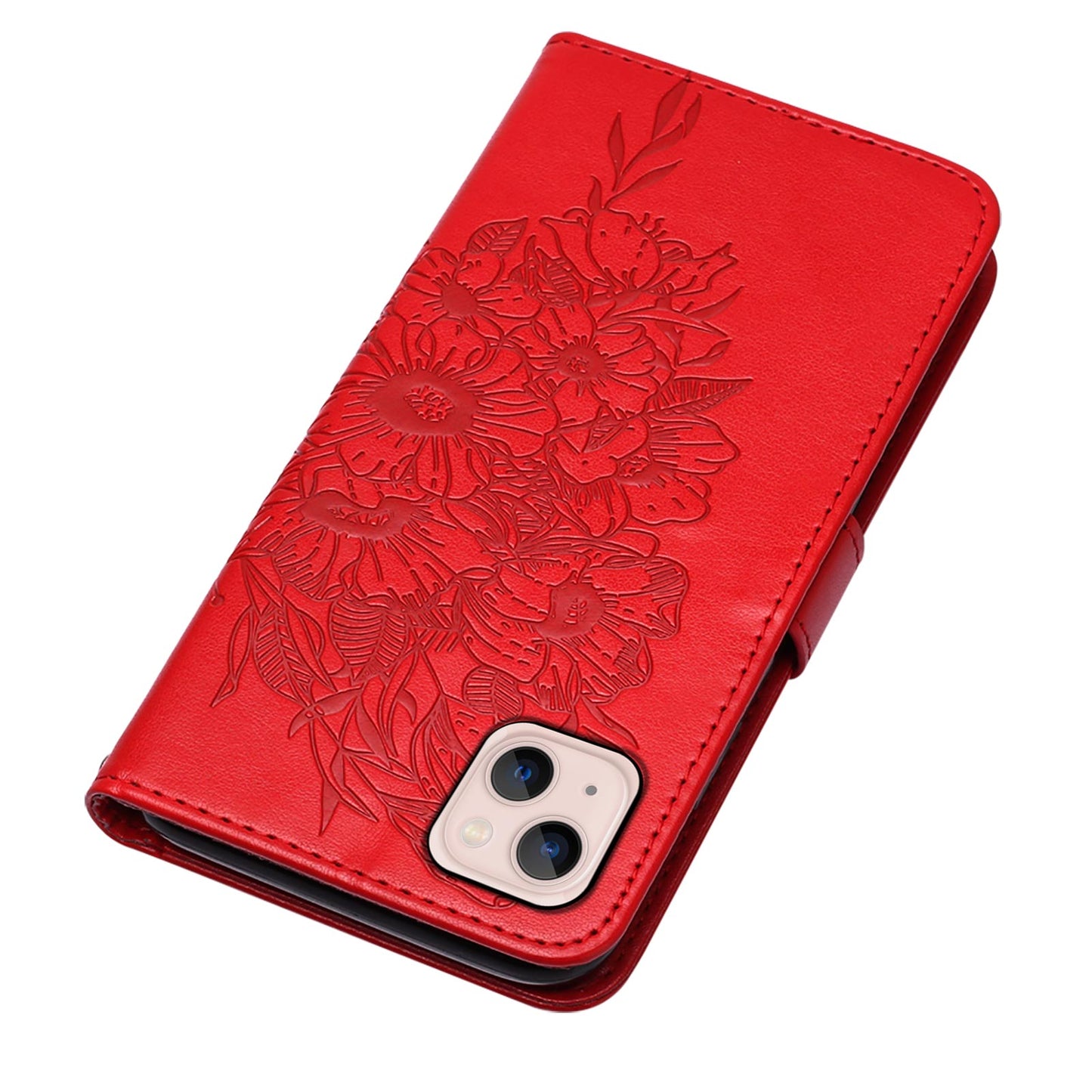 YB Imprinting Series-4 For iPhone 15 PU Leather Stand Phone Case Wallet Butterfly Flower Imprinted Cover with Hand Strap - Red
