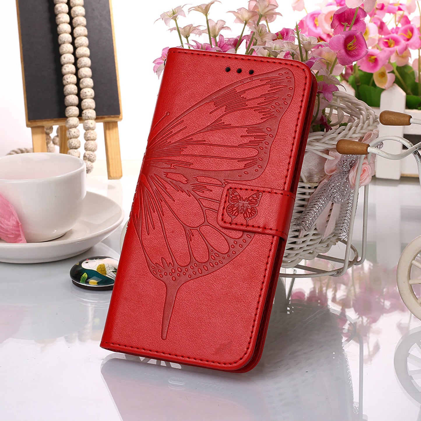 YB Imprinting Series-4 For iPhone 15 PU Leather Stand Phone Case Wallet Butterfly Flower Imprinted Cover with Hand Strap - Red