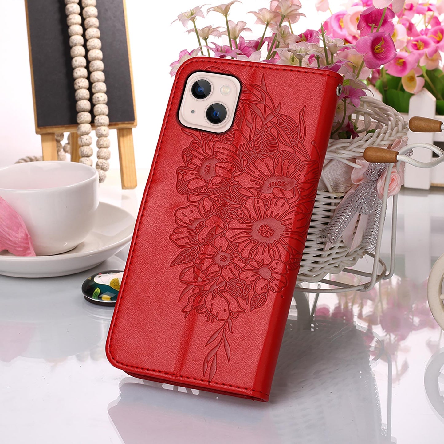 YB Imprinting Series-4 For iPhone 15 PU Leather Stand Phone Case Wallet Butterfly Flower Imprinted Cover with Hand Strap - Red