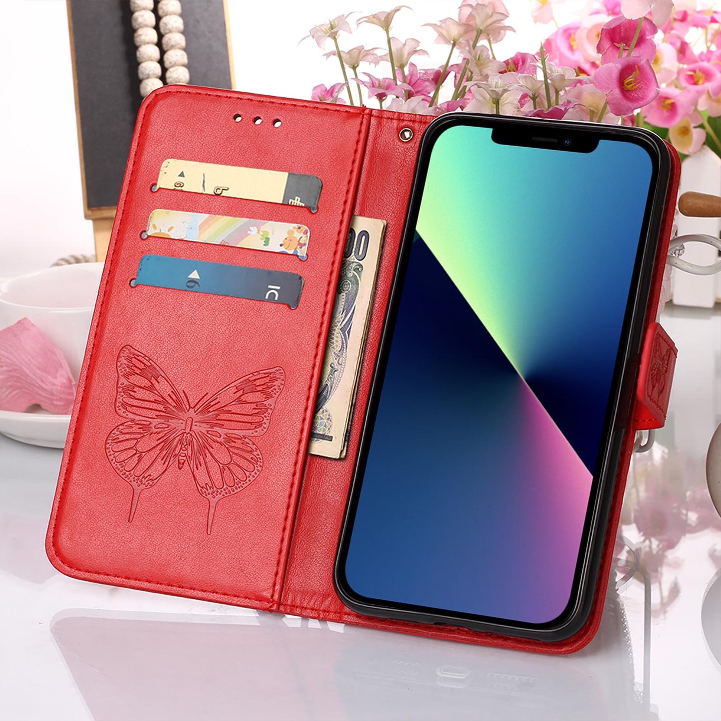 YB Imprinting Series-4 For iPhone 15 PU Leather Stand Phone Case Wallet Butterfly Flower Imprinted Cover with Hand Strap - Red