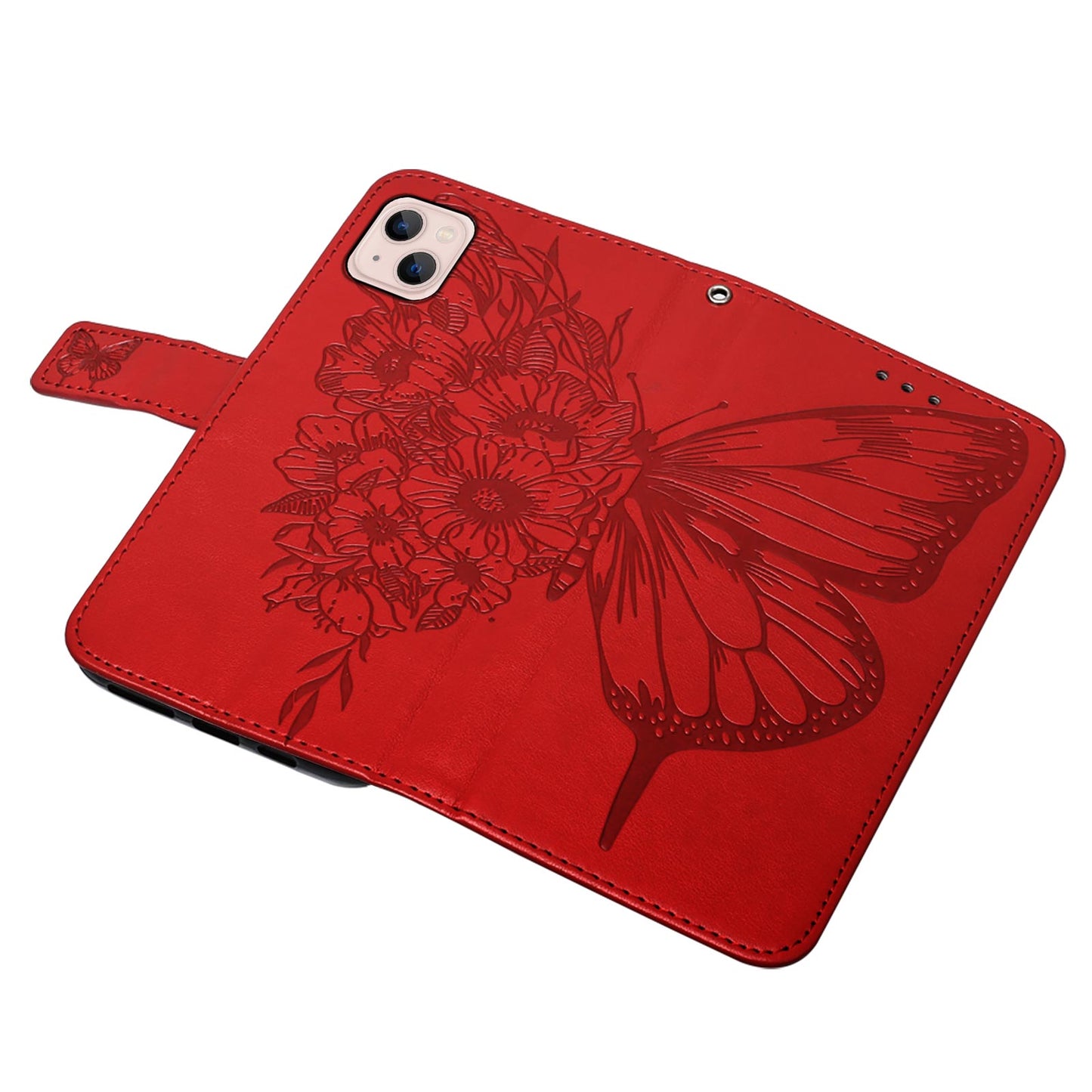 YB Imprinting Series-4 For iPhone 15 PU Leather Stand Phone Case Wallet Butterfly Flower Imprinted Cover with Hand Strap - Red
