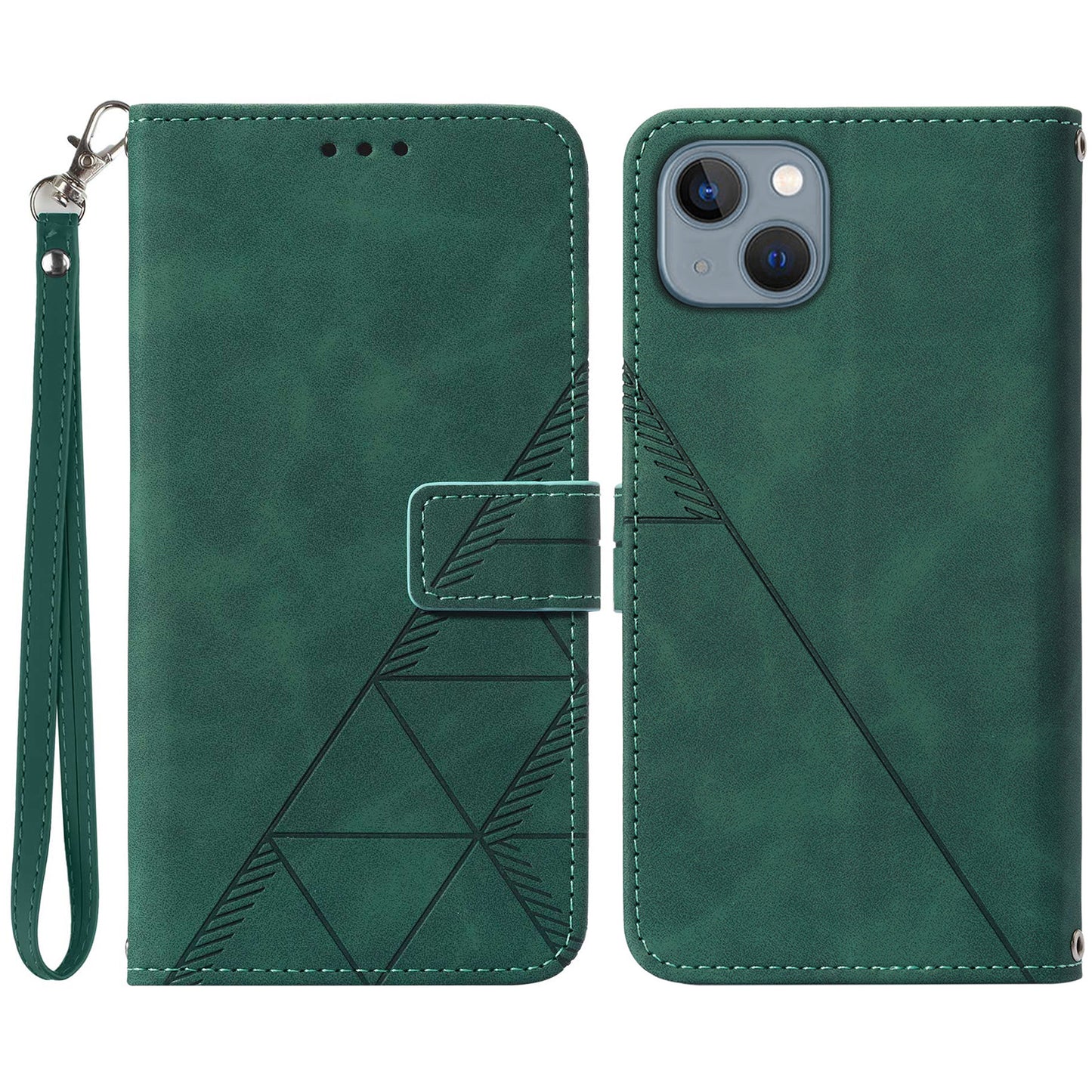 YB Imprinting Series-1 for iPhone 15 PU Leather Phone Case Imprinted Wallet Stand Cover with Hand Strap - Blackish Green