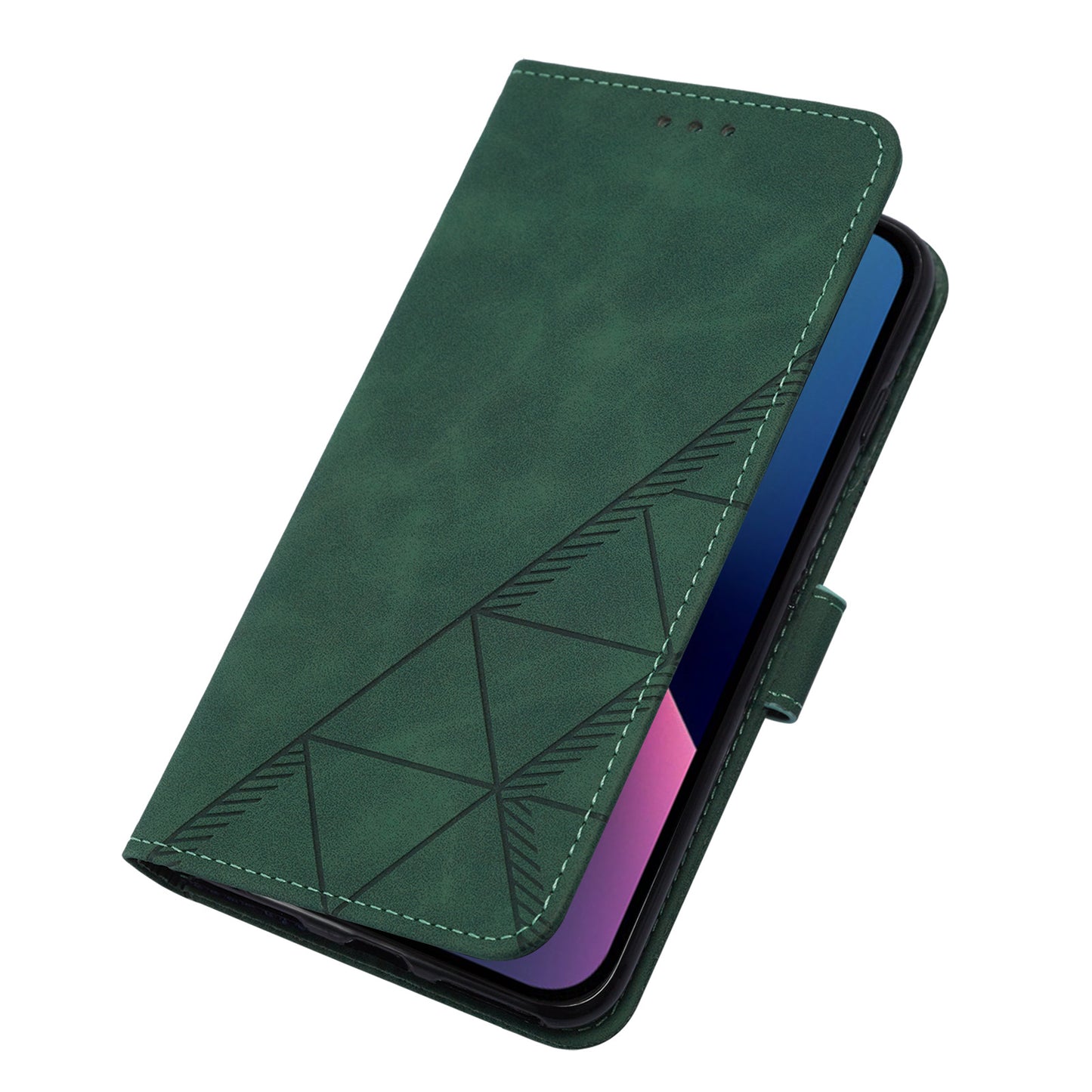 YB Imprinting Series-1 for iPhone 15 PU Leather Phone Case Imprinted Wallet Stand Cover with Hand Strap - Blackish Green