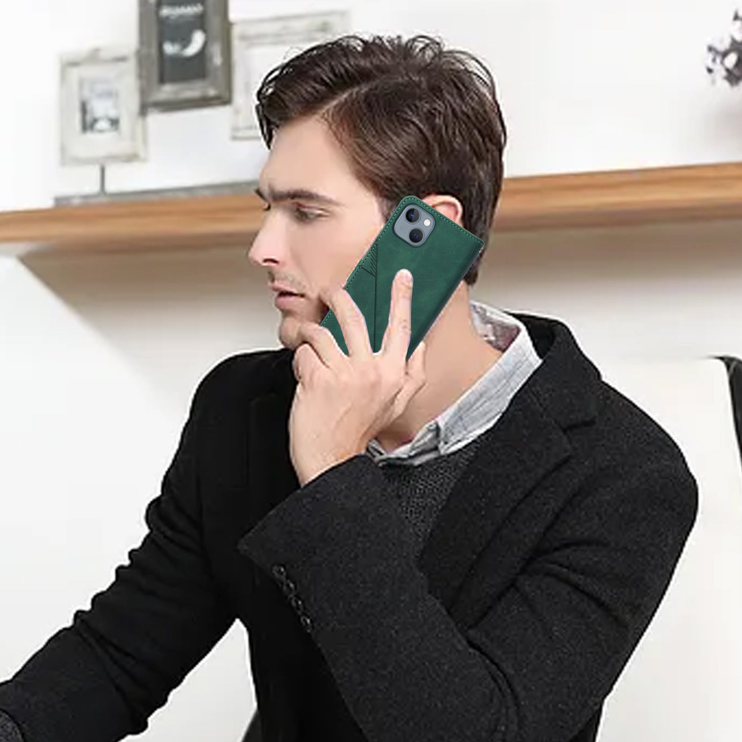 YB Imprinting Series-1 for iPhone 15 PU Leather Phone Case Imprinted Wallet Stand Cover with Hand Strap - Blackish Green