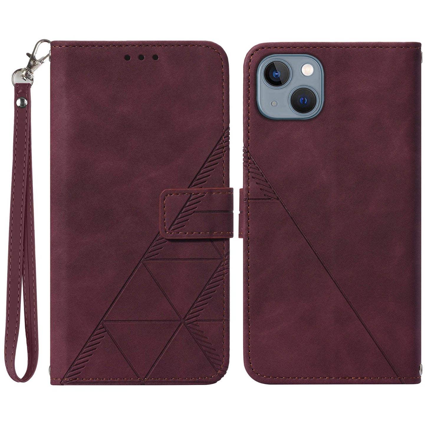 YB Imprinting Series-1 for iPhone 15 PU Leather Phone Case Imprinted Wallet Stand Cover with Hand Strap - Wine Red